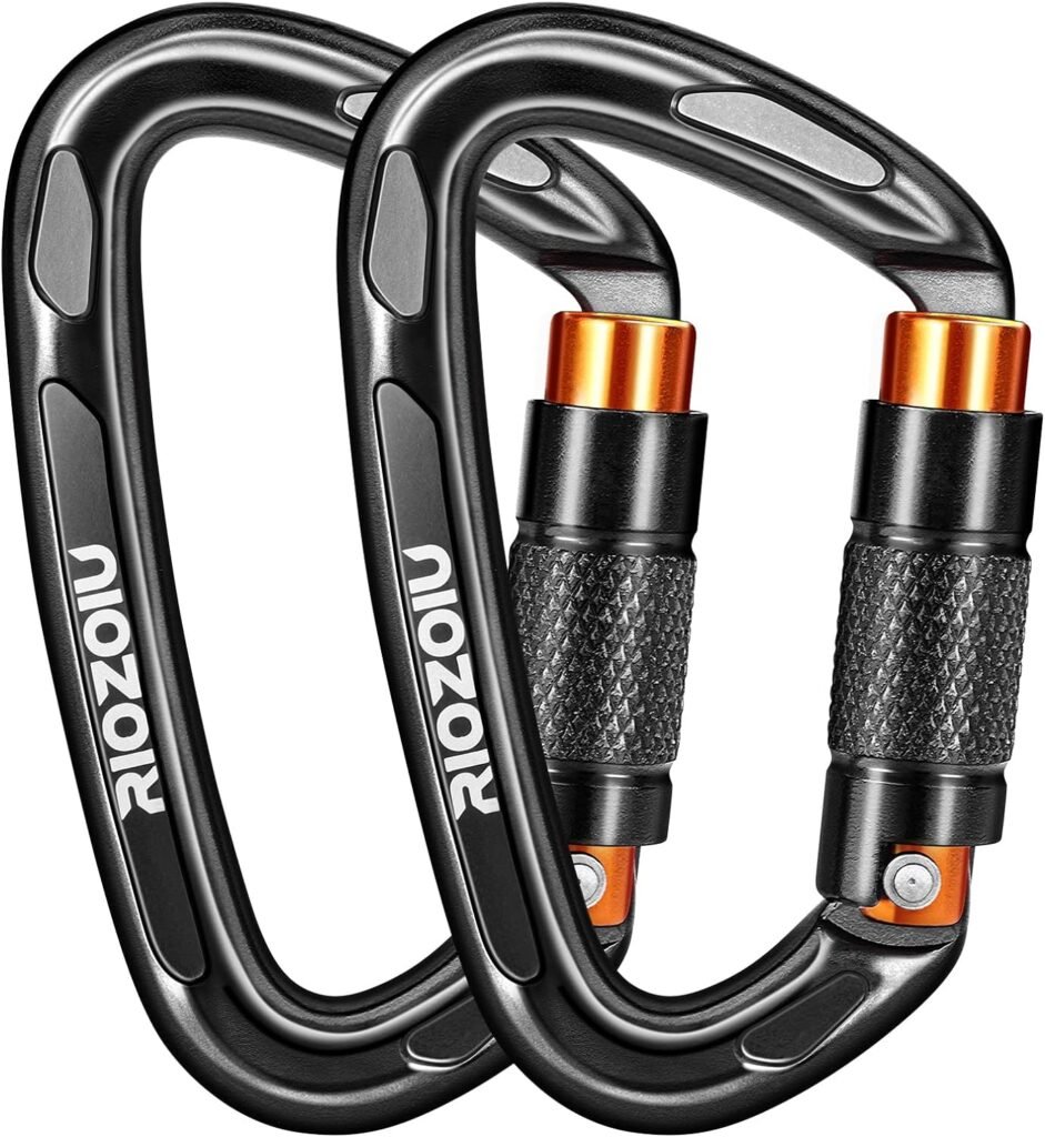 UIAA Certified Auto Locking Climbing Carabiner Clips 25KN Heavy Duty Large Locking Carabiner Clips for Rock/Ice Climbing Rappelling D Shaped 3.93 Inch, Large Size, Black