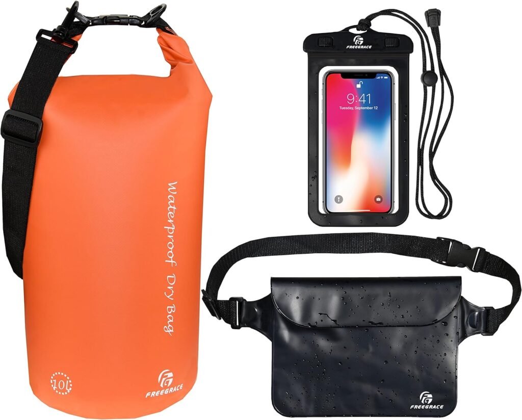 Waterproof Dry Bags Set Of 3 Dry Bag With 2 Zip Lock Seals  Detachable Shoulder Strap, Waist Pouch  Phone Case - Can Be Submerged Into Water - For Swimming (Orange, 5L)